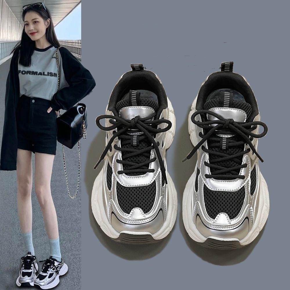 Thick-soled silver dad shoes women's autumn new shock-absorbing versatile student campus breathable casual sports running shoes
