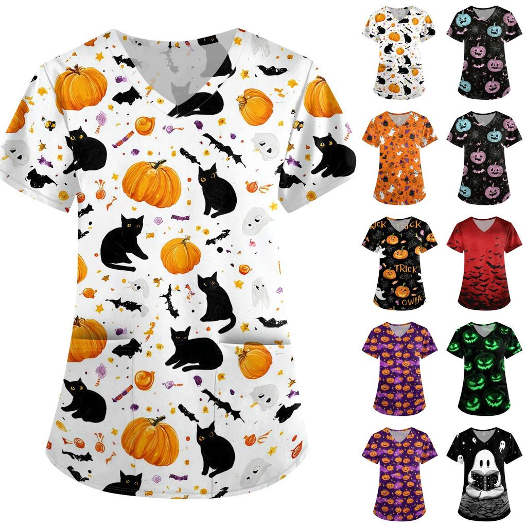 Women Halloween Print Loose V Neck Short Sleeve Medical Scrub Top Nurse Uniform with Pockets Comfortable Fit Professional Workwear