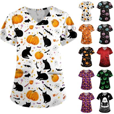 Women Halloween Print Loose V Neck Short Sleeve Medical Scrub Top Nurse Uniform with Pockets Comfortable Fit Professional Workwear