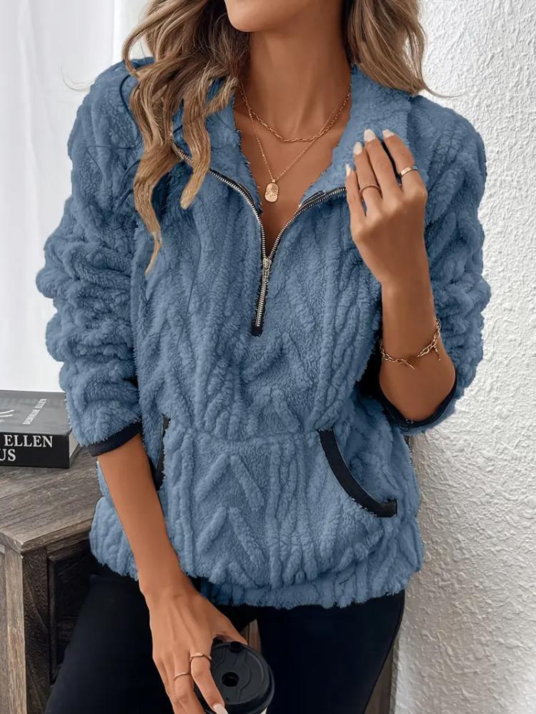 Damen Kuscheliges Fleece Zip-Up Sweatshirt mit Großen Taschen Langarm, Lässiger Herbst/Winter Pullover, Sweatshirt mit Reißverschluss, Sweatshirt Damen