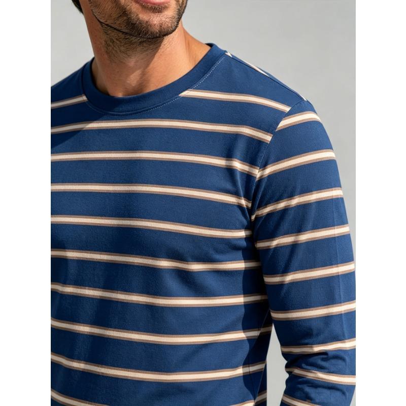 Men's casual round neck long sleeve T-shirt with khaki and white horizontal stripes, soft and breathable sports fit autumn street top