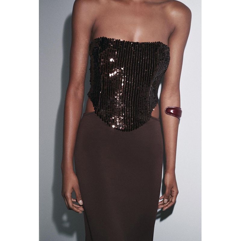 Summer New Arrival French Style off-Shoulder Open Design Sequin Stitching Tube Top Dress 5070029