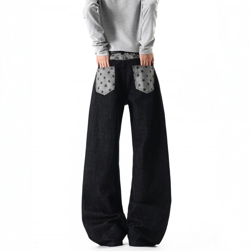 Mens Vintage High Street Flare Jeans Star Patchwork Original Denim Pants Casual Streetwear