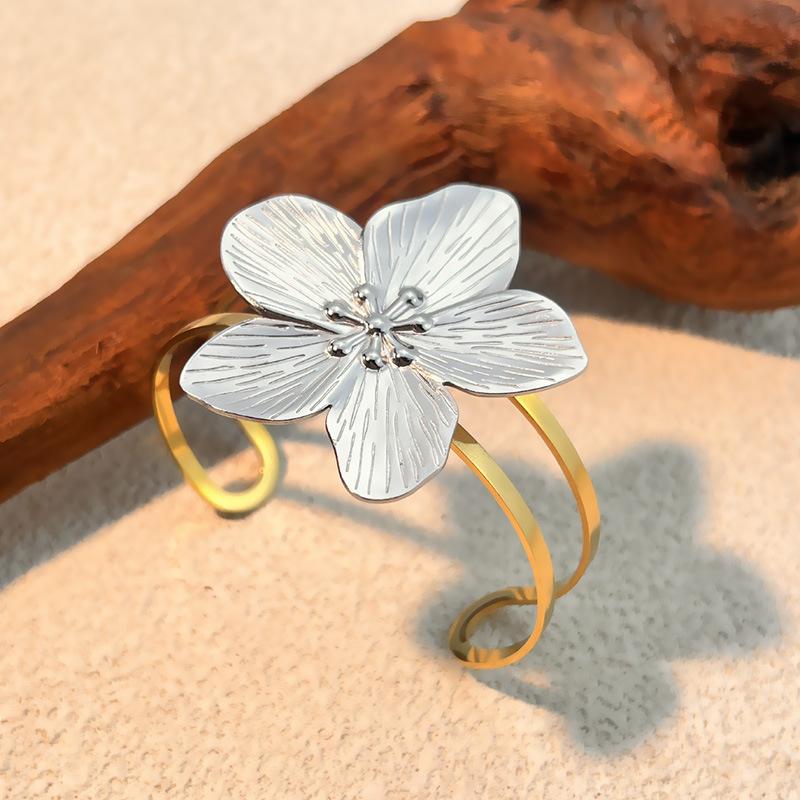 French retro stainless steel bangle - women s instagram-style court gold sunflower open bracelet