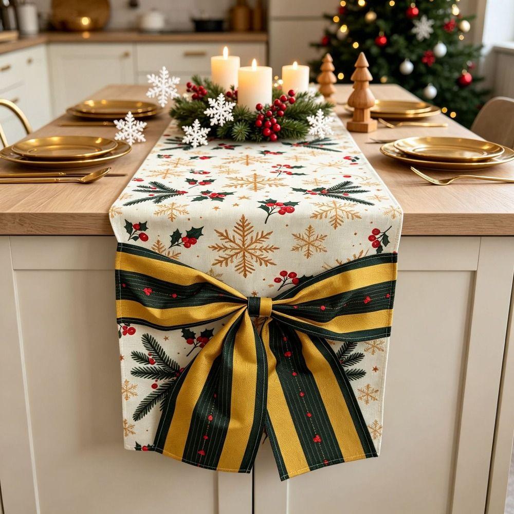 Bows Accents Holiday Table Runner Golden Accents Festive Table Decoration Winter Xmas