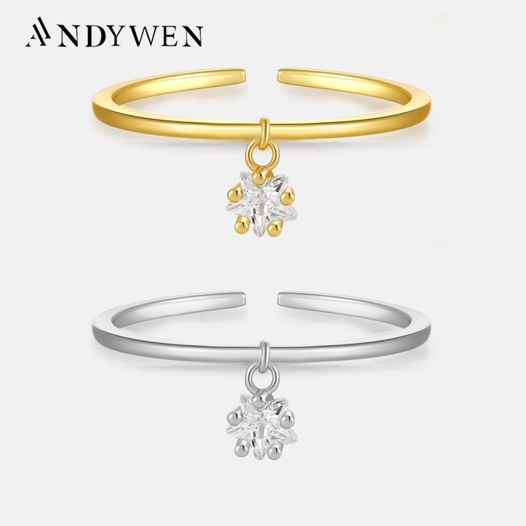 ANDYWEN 925 Prata Esterlina Ouro Pentagrama Zircônia Pingente Anel Ajustável Moda Jóias Presente Para Mulheres