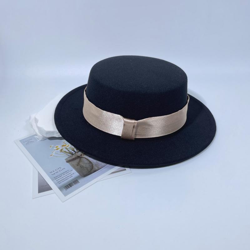 British Retro Flat-top Woolen Top Hat Women's Autumn and Winter Black Versatile Face Small Temperament Men's Retro Felt Hat