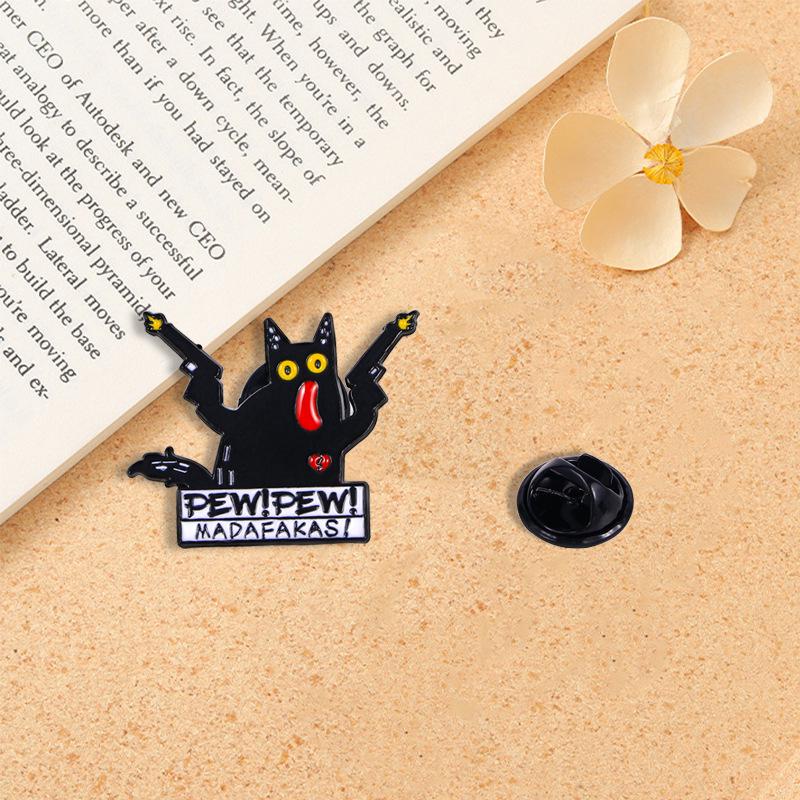 Cartoon Kitten Metal Brooch - Cute Black Cat with Gun