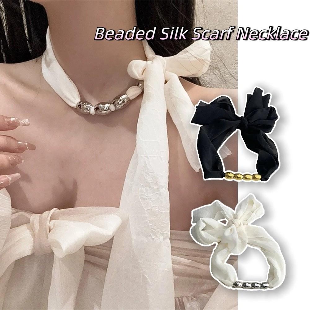 Personality Lace-up Collarbone Chain Elegant Ribbon Choker Beaded Silk Scarf Necklace  Decoration