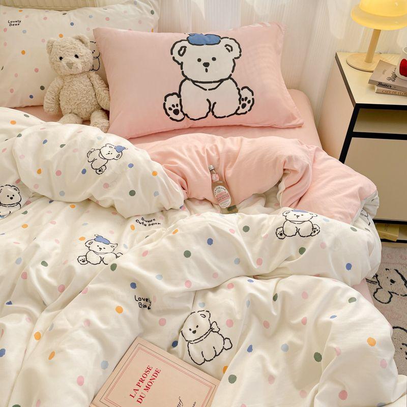Bowknot Bedding Set Ins Girl Plaid Washed Dormitory Bed Sheet Quilt Cover Student Dormitory Three-piece Set