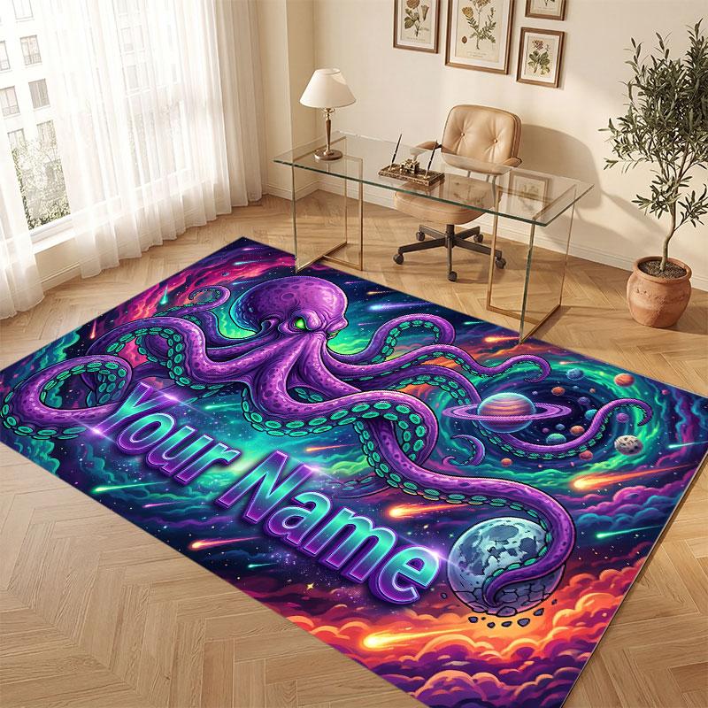 Octopus Sea Life Theme Crystal Velvet Floor Rug Personalized Custom Name Text Warm Carpet Home Decoration