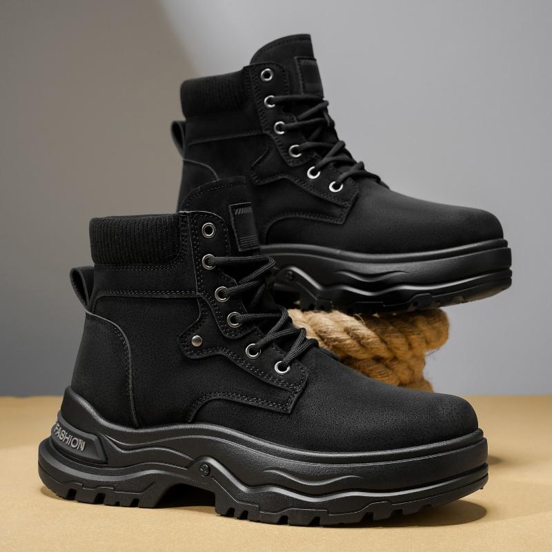 Neuer Herbst-Winter-Stil Runde Spitze Flacher Absatz Einfarbig Große Größe Retro Hochwertig Herren Mittelhohe Waden-Arbeitsstiefel für den Außenbereich