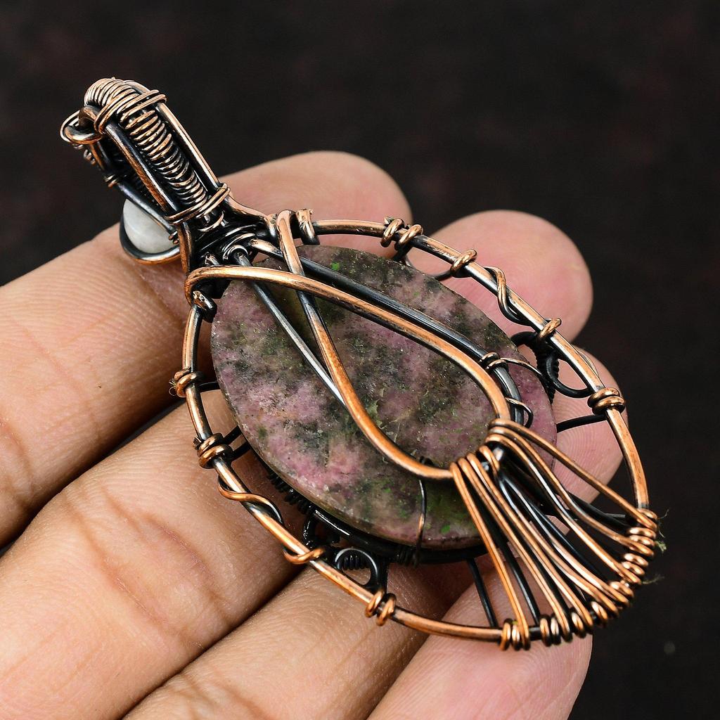 Evil Eye Rhodonite Copper Wire Wrapped Pendant Moonstone Copper Jewelry Handmade Pendant Evil Eye Jewelry Rhodonite Pendant Gift For Friend