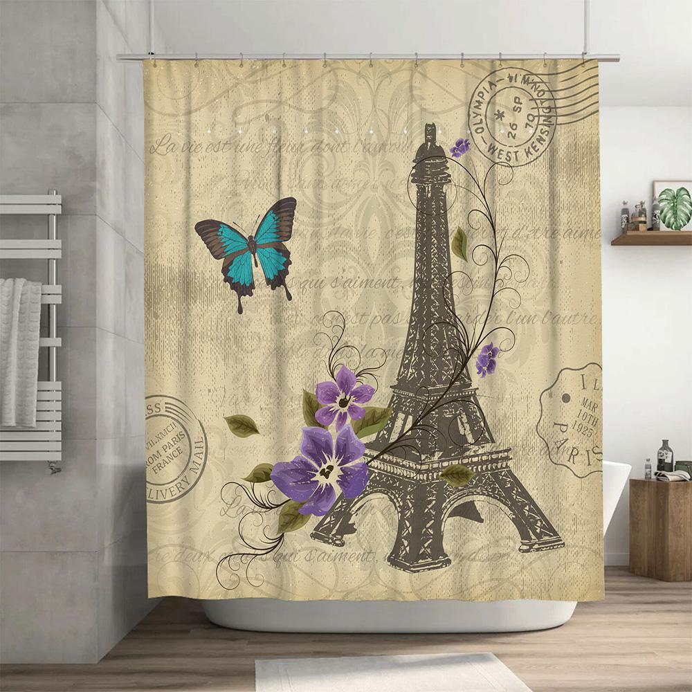 Vintage Paris Eiffel Tower Shower Curtain with Butterfly Design for Bathroom Decor Blue Flower Waterproof Fabric Printing Bath M