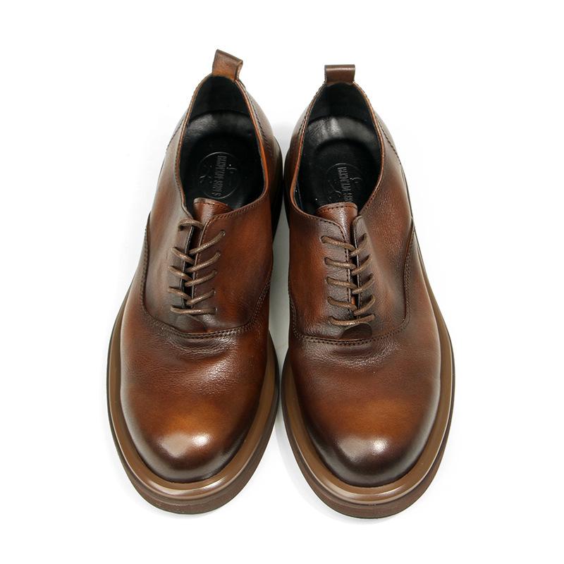 66-11 Round Head Leather Shoes British Casual First-Layer Cowhide Men'S Shoes Retro Hand-Polished Thick-Soled Muffin Trendy Men