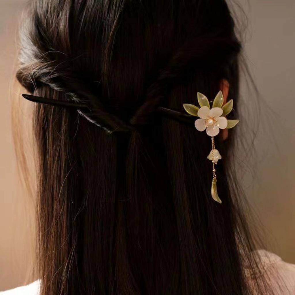 Flower Tassel Hairpin For Women Vintage Wooden Floral Hair Stick Elegant Hanfu Hair Accessories 18cm Updo Meatball Head Hairpins