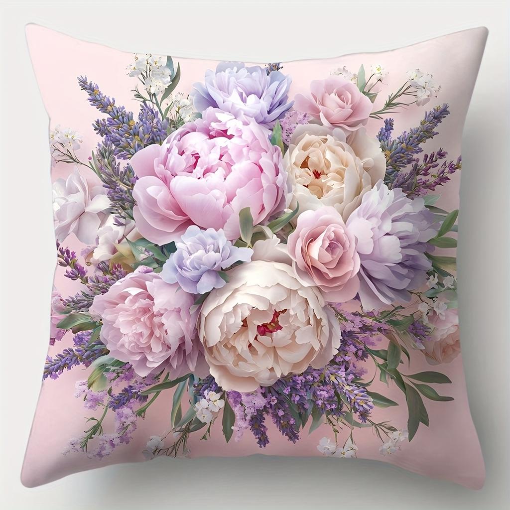4Pcs Double-Sided Printed Throw Pillow Covers, Watercolor Lavender Peony Bouquet Print Cushion Cases Aesthetic Spring Home Decor
