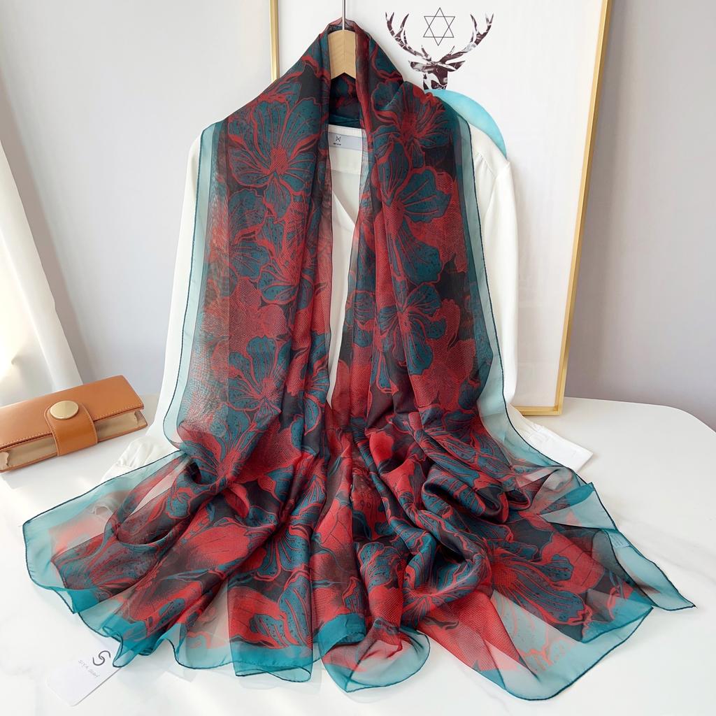 Elegant Flower Print Scarf Thin Smooth Mulberry Silk Shawl Casual Outdoor Sunscreen Windproof Scarf, Mulberry Silk, Very Light Fabric