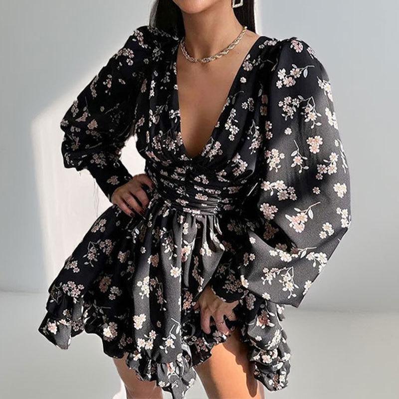 Spring 2026 European American Women's Fashion: Printed Long Sleeve Pleated Mini Skirt Backless Dress