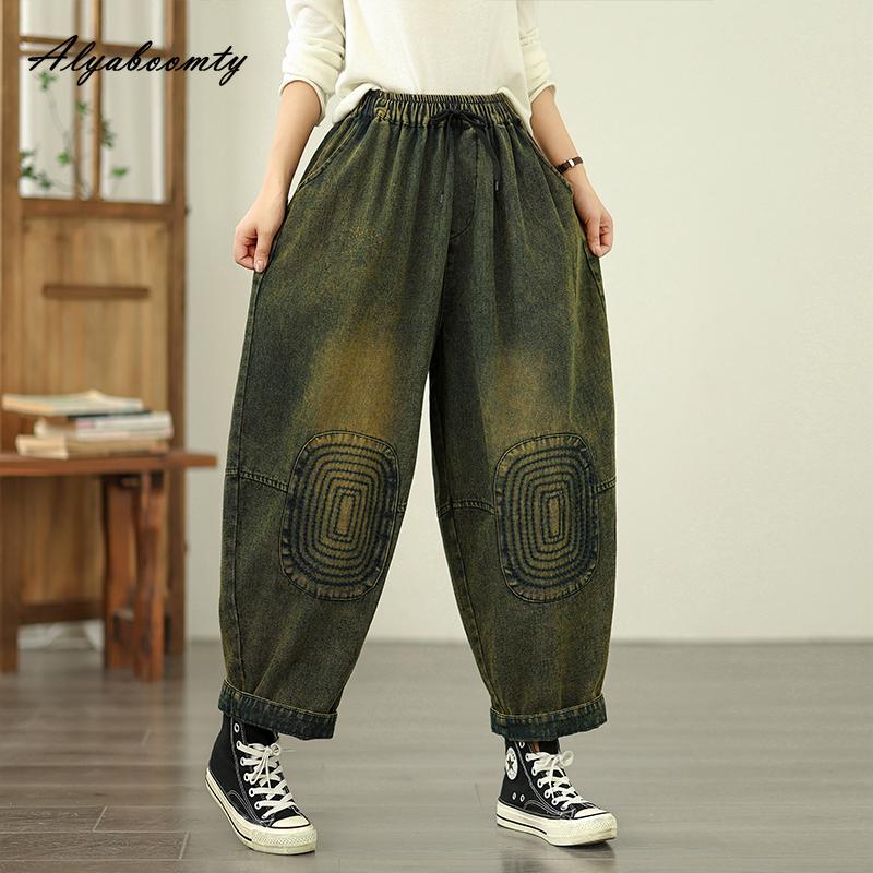 

Джинсы галифе женские больших размеров в корейском стиле, весна-осень, модные стильные повседневные джинсовые брюки свободного кроя контрастных цветов, винтажные мешковатые женские джинсы One Size зелёный
