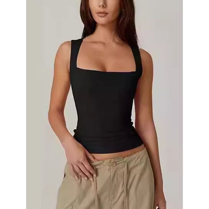 Solid Color Square Neck Sleeveless Top Solid Color Square Collar Slim Fit Sleeveless Top Female