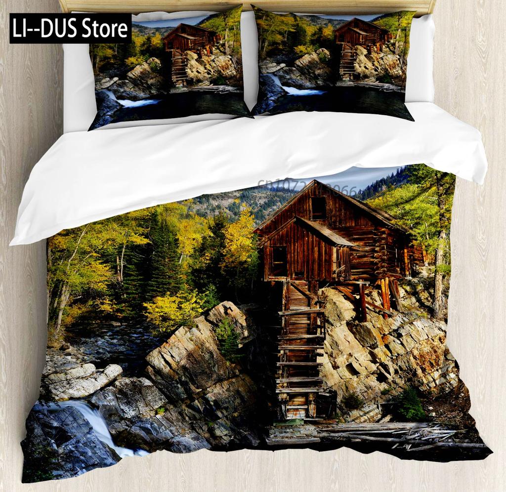 Set Copripiumino Natura, Cascata Scrosciante Decorativo Set Biancheria da Letto a 3 Pezzi con 2 Federe, Misura Queen Full, Verde Felce Blu