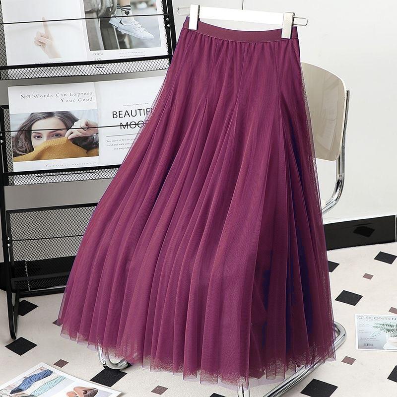 Damen Lila Mesh Midi Rock mit hoher Taille - 720° Schwung A-Linien Tüllrock für Square Dance und Fotoshootings