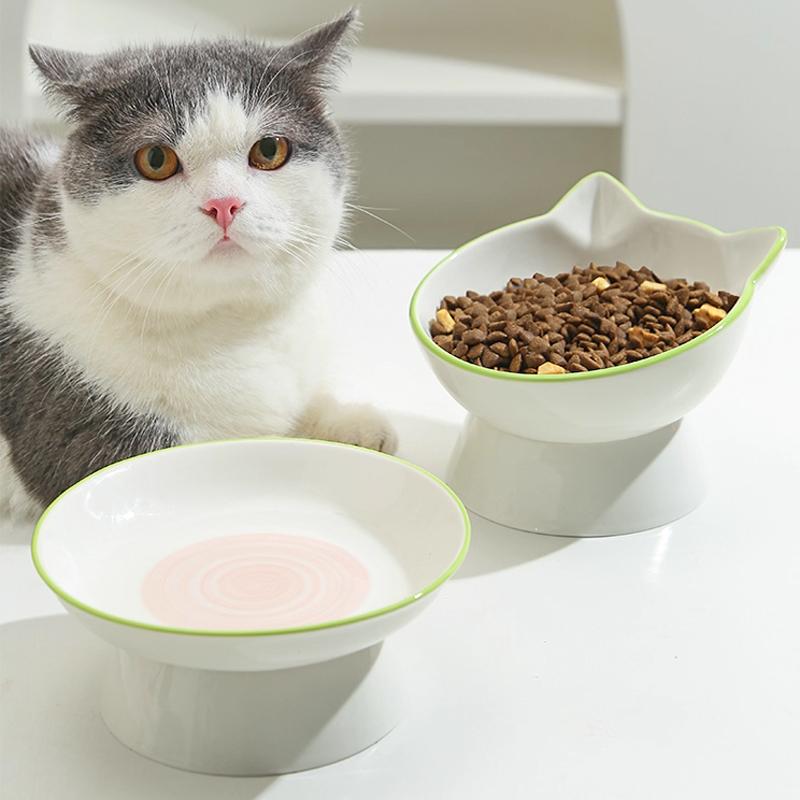 Ceramic Tall Footed Drinking Water Bowls, Anti Overturning Oblique Mouth, Neck Protection, Large Caliber Cat Bowl, Articles, 1Pc