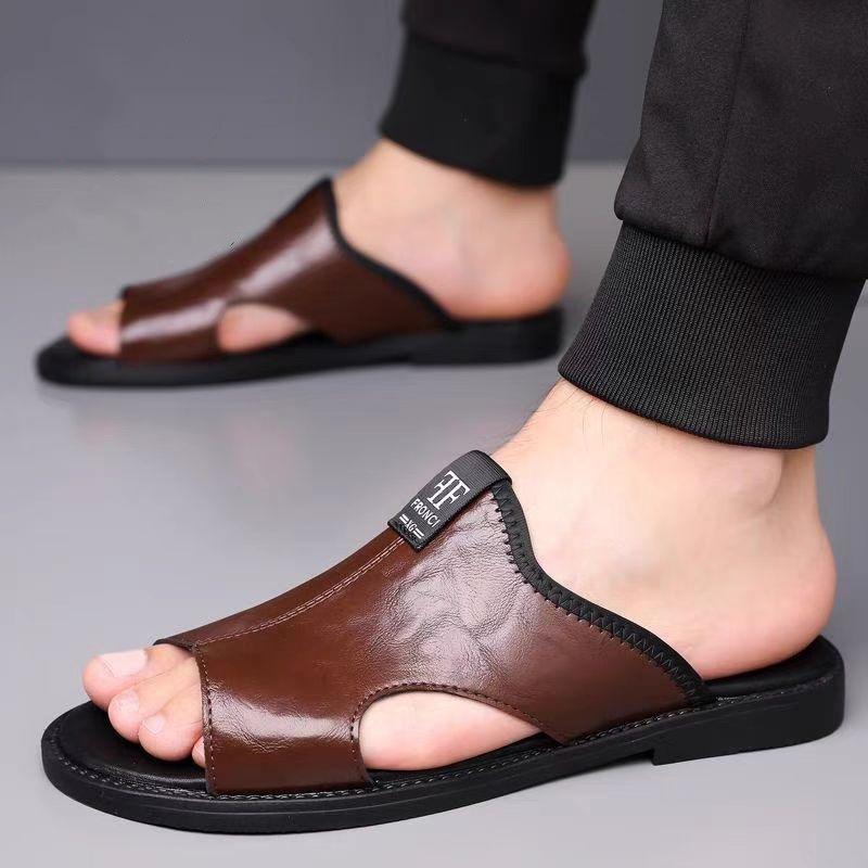 Fashion Men's Leather Open Toe Sandals Slip On Soft Comfortable Summer Dress Shoes