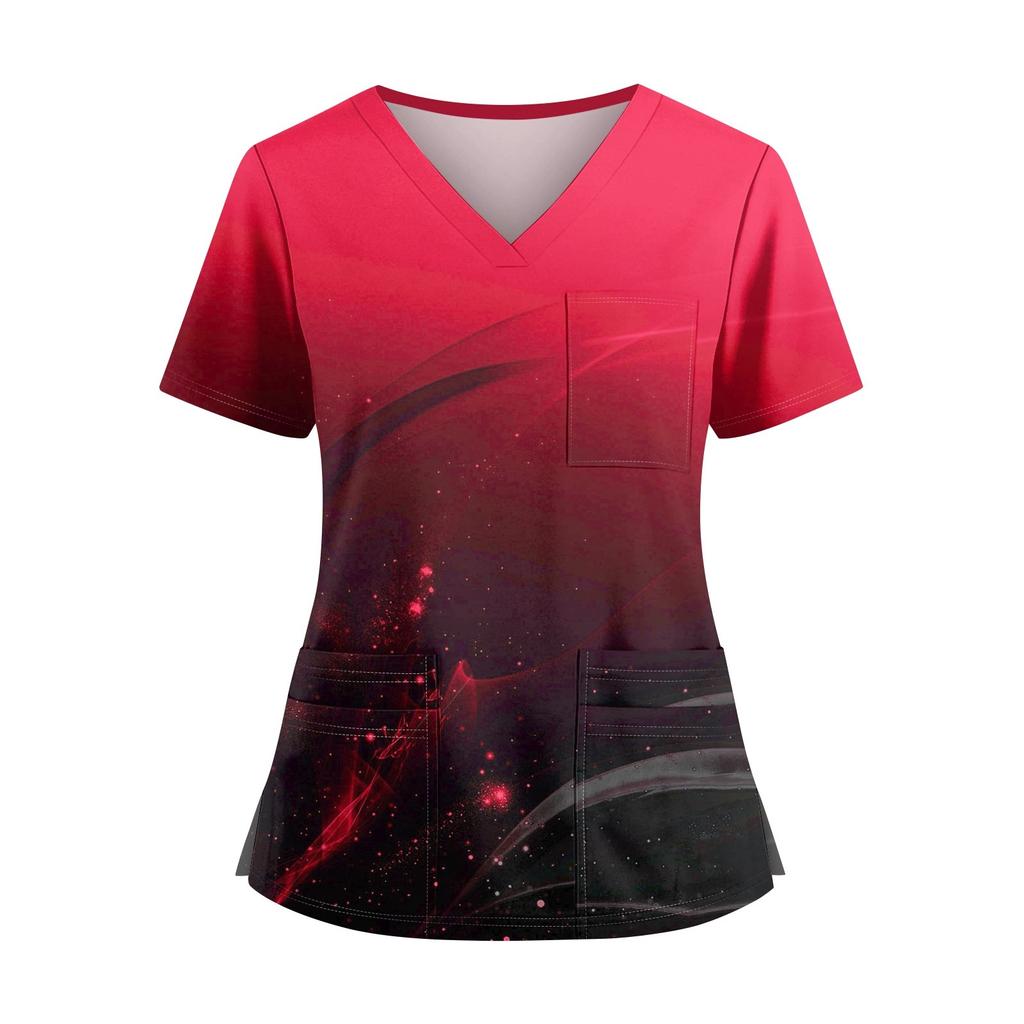 Plus SizePrinted Scrub Working Uniform Tops For Women's Cross V-Neck Halloween Print Short Sleeve Fun T-Shirts Workwear Tee With Pockets
