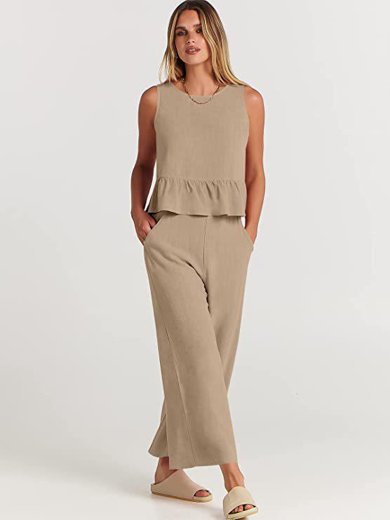 2025 Summer Women's Sleeveless Ruched Vest & Wide-Leg Cropped Pants Set