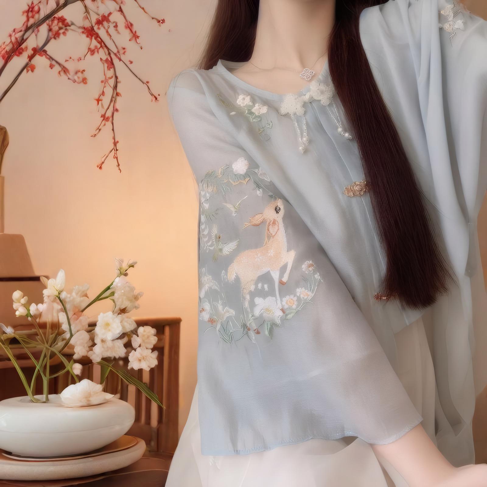 

Элегантный женский наряд в стиле чайного искусства Ханьфу - летний костюм Тан из двух частей XL