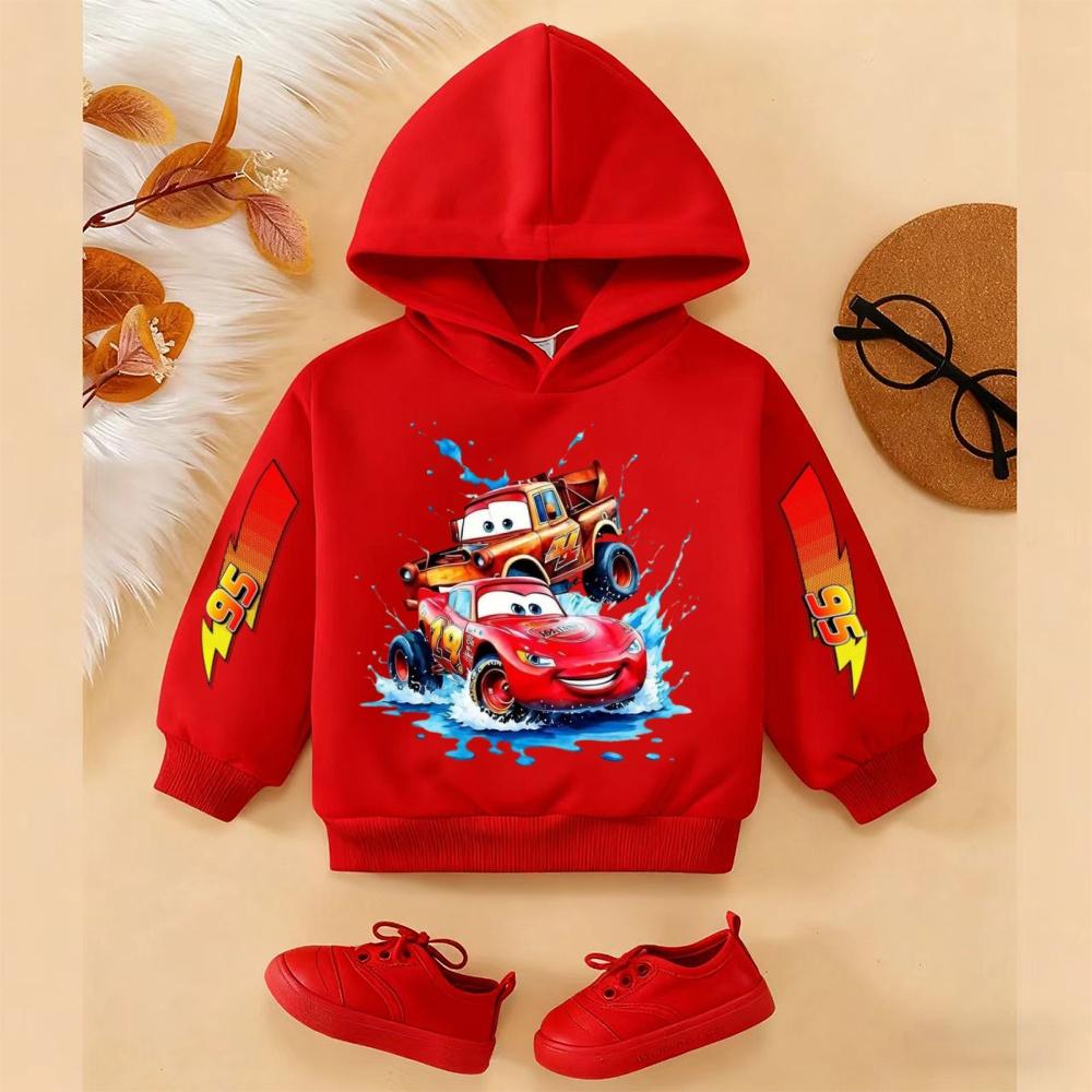 Soft Children Hoodie, Cartoon Racing Cars Splash Water Print Pullover Sweatshirt, Autumn Winter Casual Sport Long Sleeve Top For Kids Daily Wear
