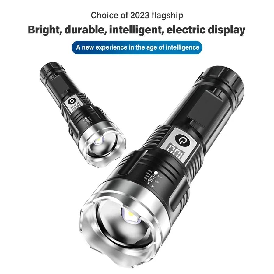 9000LM Powerful LED Flashlight Built-in Battery USB Rechargeable Zoom Torch With Power Display Outdoor Tactical Flashlights