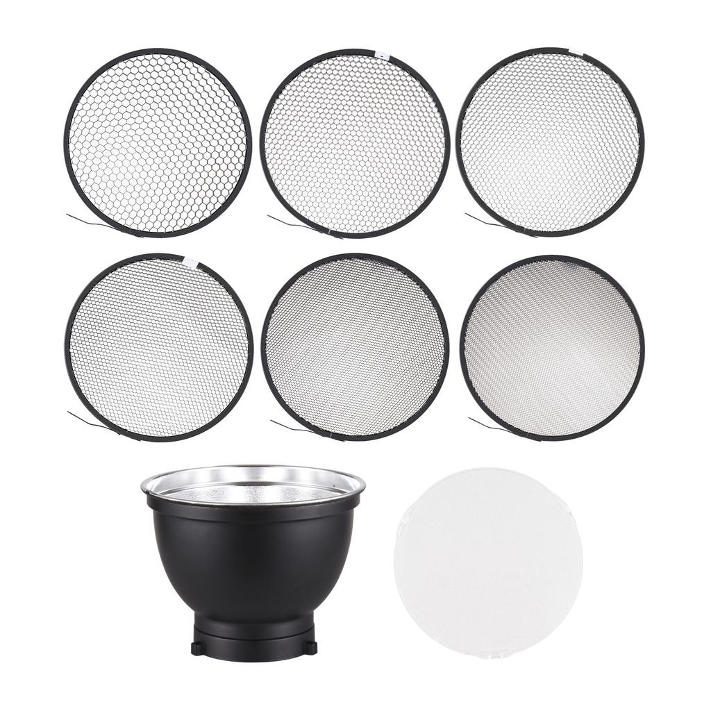 7 Inch Standard Reflector + 6pcs Photography Honeycomb Grid + 1pcs Diffuser Board kit with 10 degrees 20 degrees 30