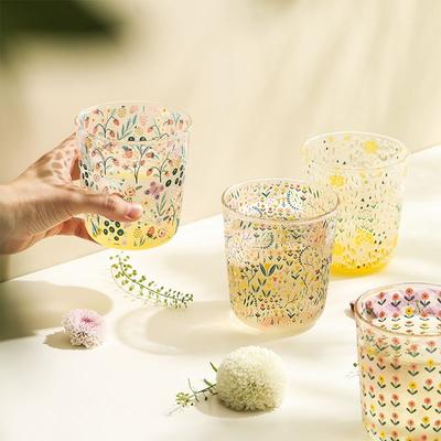 Hitzebeständiger Borosilikatglas-Blumenbecher, Floraler Glasbecher, Trinkglas für Milch, Saft & Frühstück