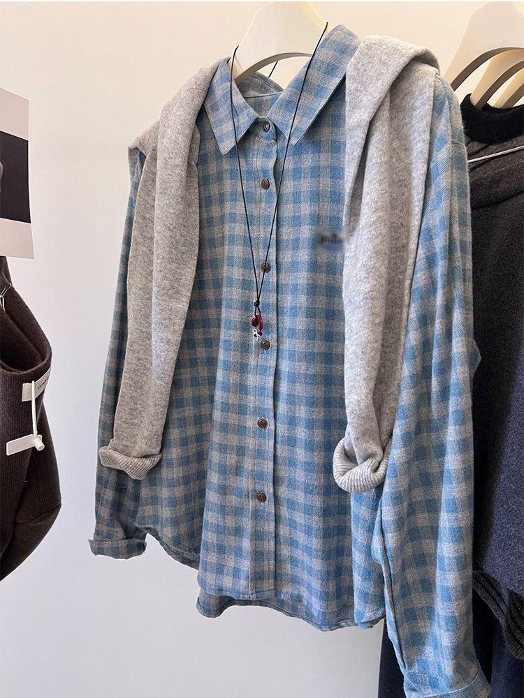 

Women s Retro Blue Plaid Shirt - Spring/Autumn, Long Sleeve, Slim Fit, Casual Layering. XL [up to 130 jin]