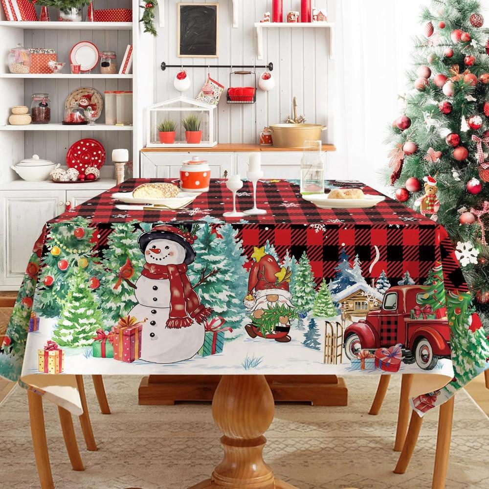 Christmas Polyester Tablecloth Snowman Print Lightweight Stain Resistant Dining Decor Long Table Cover
