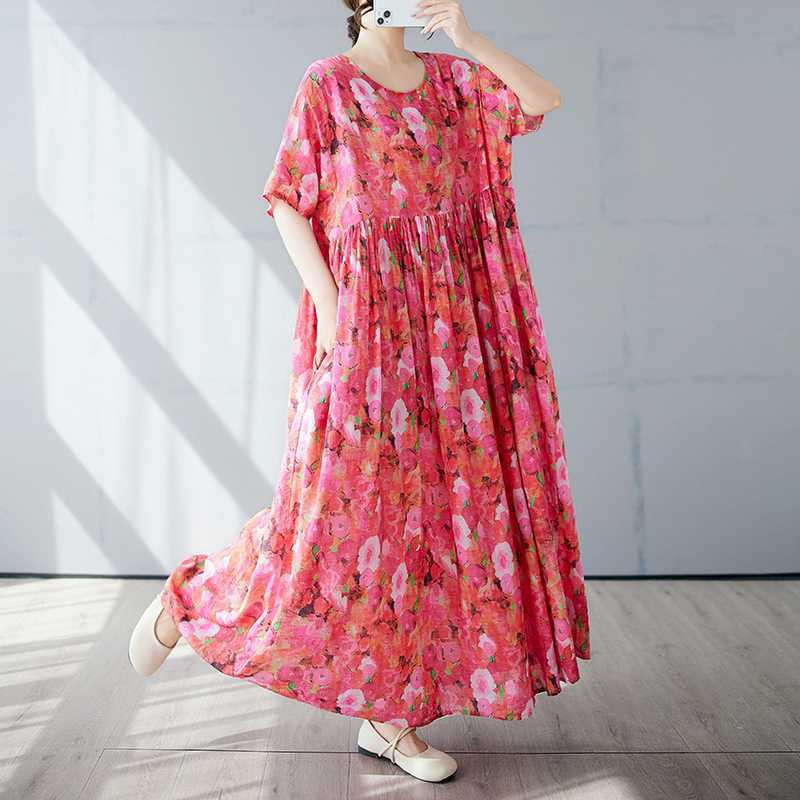 Simple and Fashionable Long Skirt Summer Short Sleeved Round Neck Printed Dress