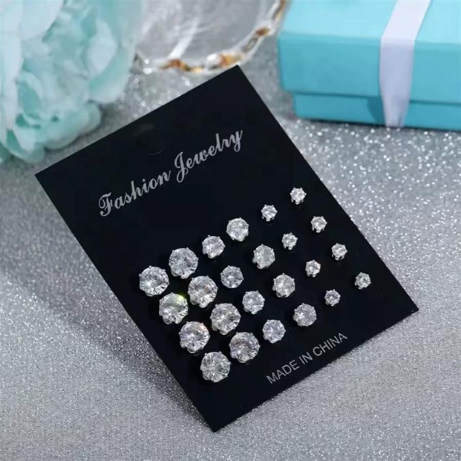 Luxury Simple Shiny Zircon Stud Earrings Set for Women Men Fashion Chic Crystal Decorative Earrings Party Couples Jewelry Gifts