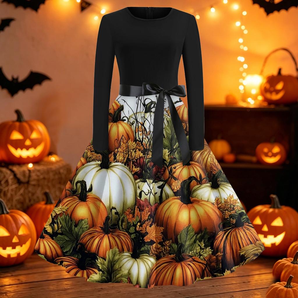 Women's Vintage Halloween Print Round Neck Casual Dress for Everyday Wear