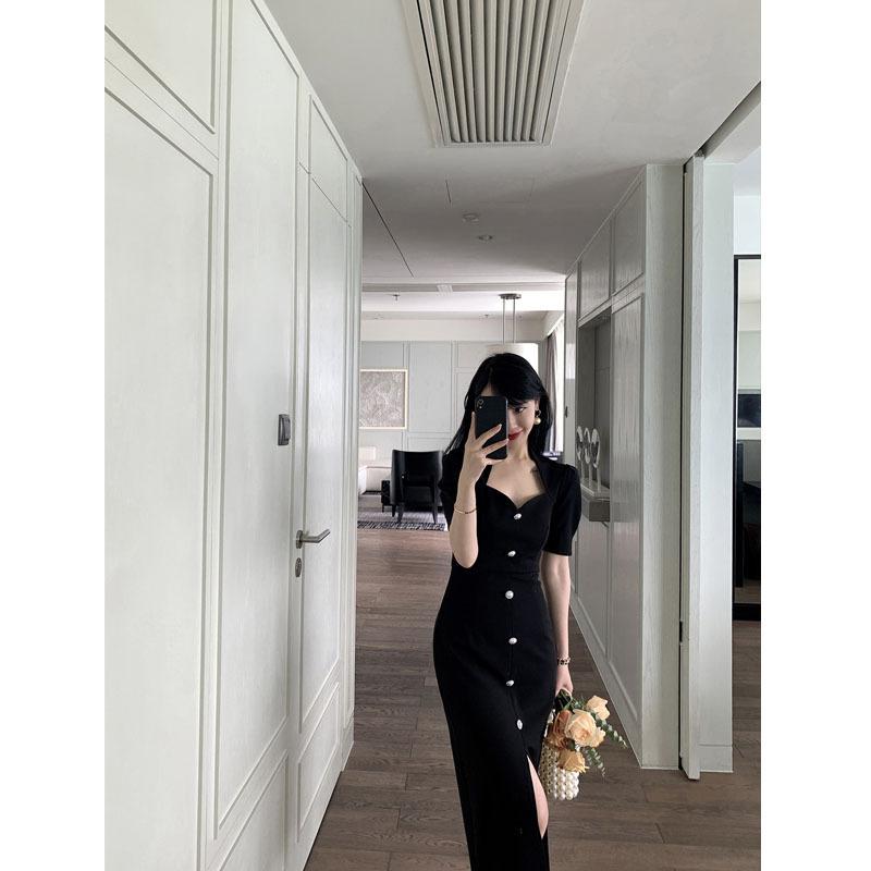 black dress with front split