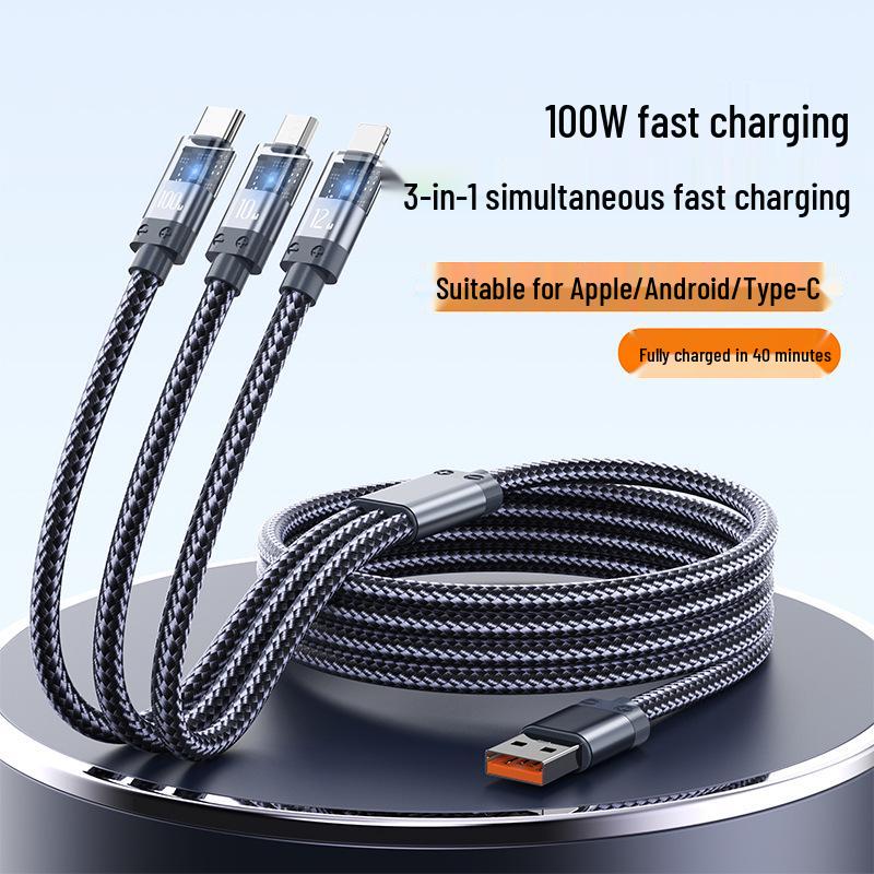 66W Type-C 3-in-1 Luminous Charging Cable, 3A Transparent Shell, Fast Charge