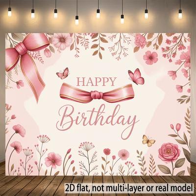 2D Schmetterling Blumig Alles Gute zum Geburtstag Hintergrund Weicher Rosa Schleifen Hintergrund für Damen Geburtstagsparty Fotokabine