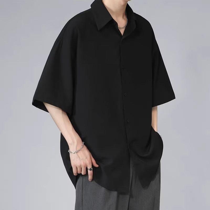 Men s Summer Ice Silk Short Sleeve Shirt Casual Loose Fit Anti-Wrinkle Drapey Large Size Button Up Fashionable Black Shirt XS чёрный