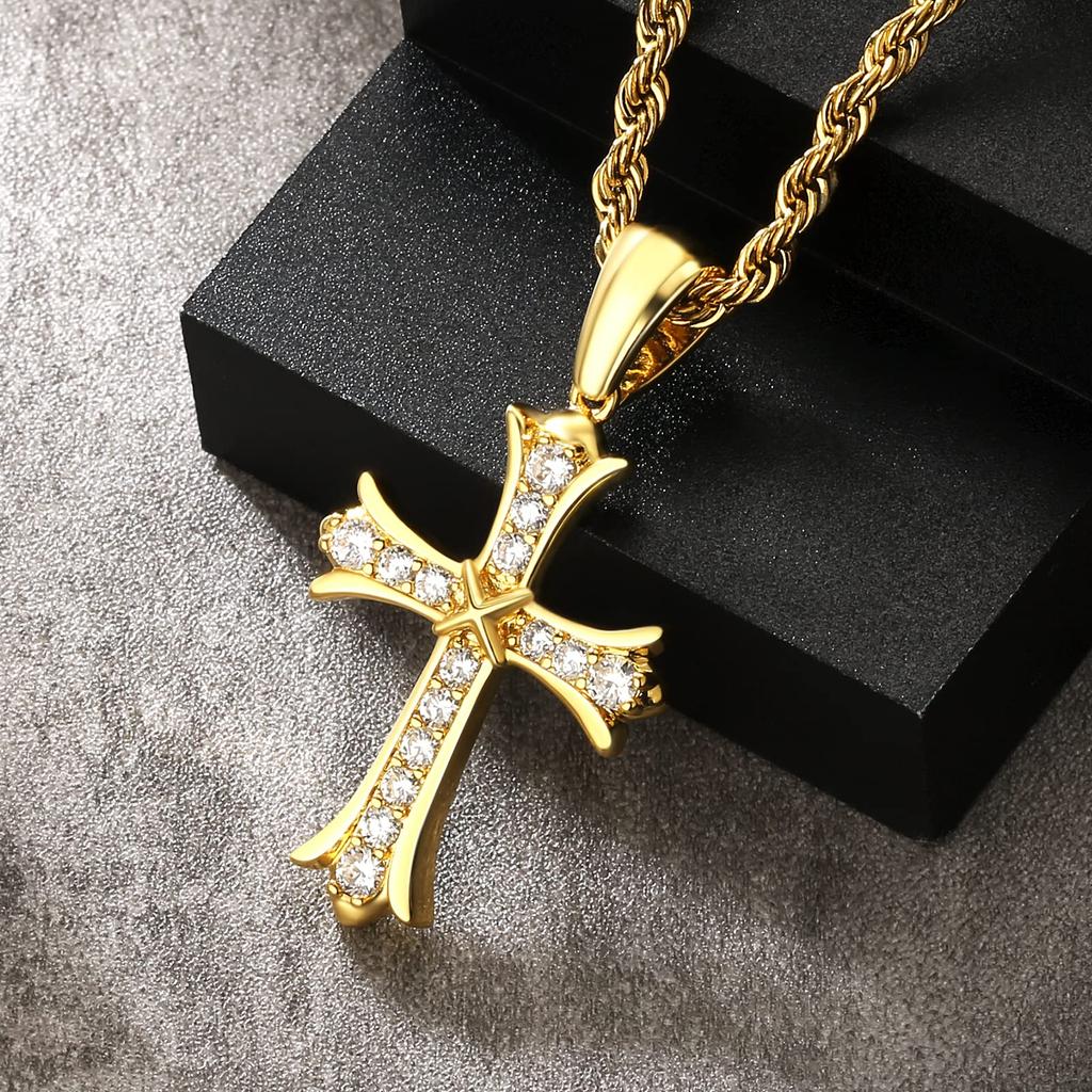 Cross Necklace with a Cross Pendant and Rope 14K Gold Plated of with CZ Sparkling Chain Popular Hip Hop Gift KRKC&CO Men's Zirconia, Chain, (Set 2)