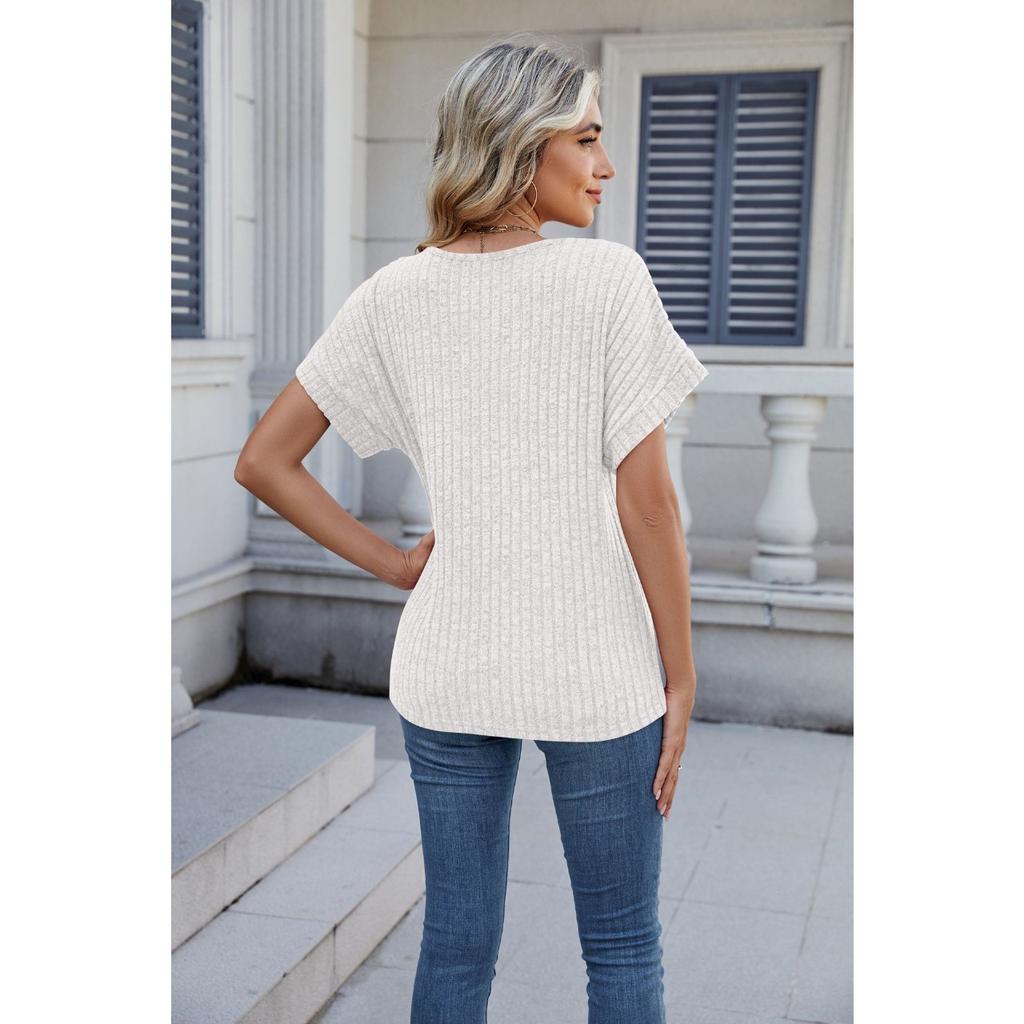 GMXIA Spring Women's Loose Casual Solid Color V-neck T-shirt Short Sleeve