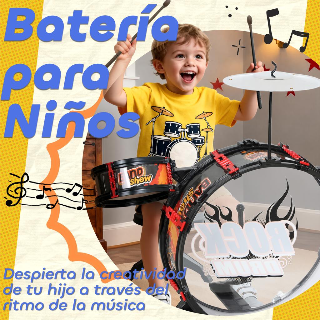 Drum Set for Children +3 Years with Stool, Drums, Bass Drum, Cymbal and Drumsticks 59.5x31.5x59 Cm Black