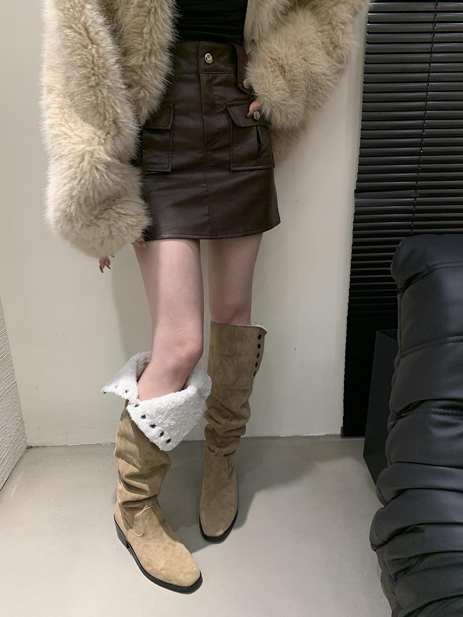 

Складки, эластичные ботильоны для женщин, новинка 2024 года, платформа на квадратном каблуке, замшевая обувь с квадратным носком 40