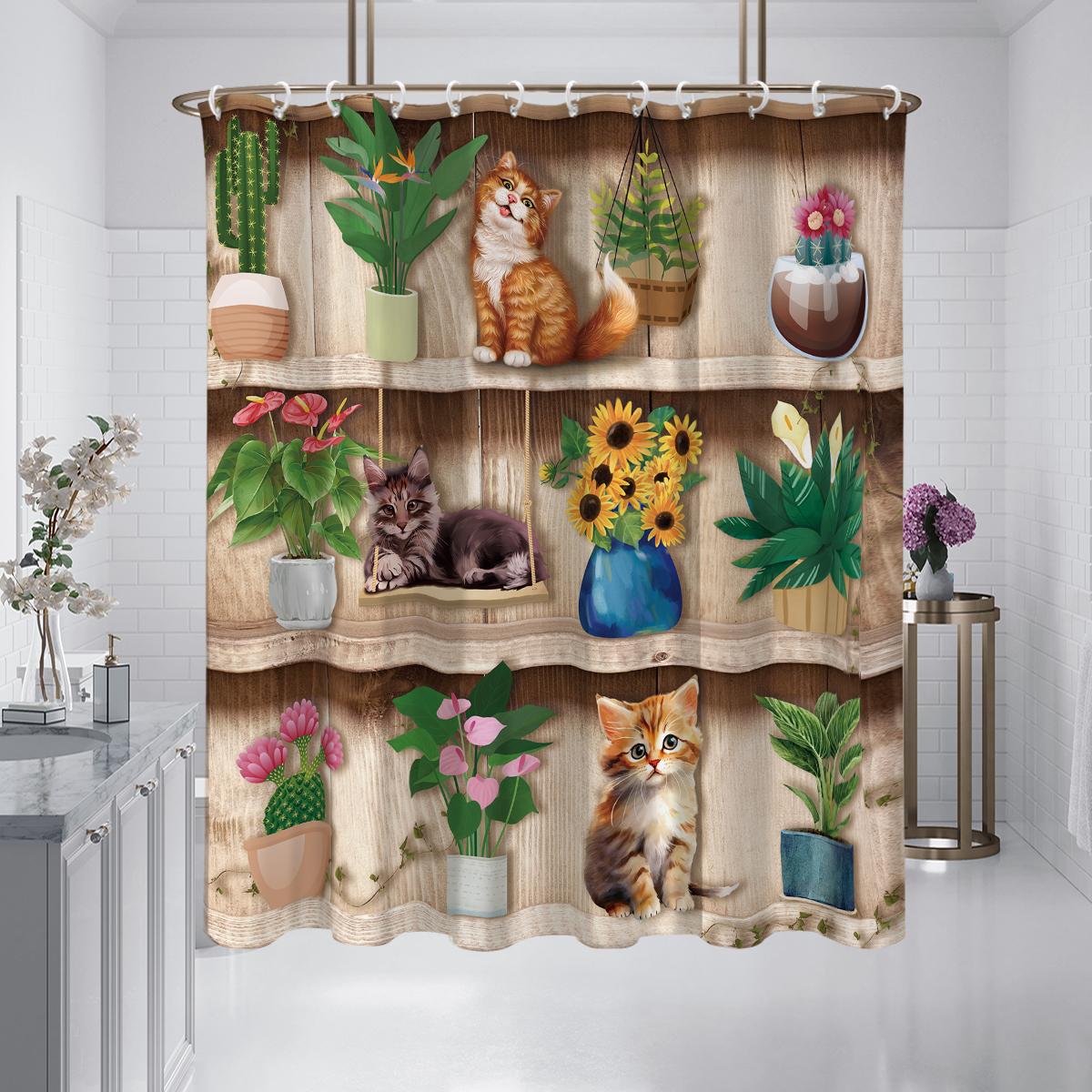 

1 шт. деревянная рамка для цветочного горшка, душевая шторка с принтом кошки, водонепроницаемая, с 12 крючками, для ванной комнаты, душа, ванны, для дома 180x180cm